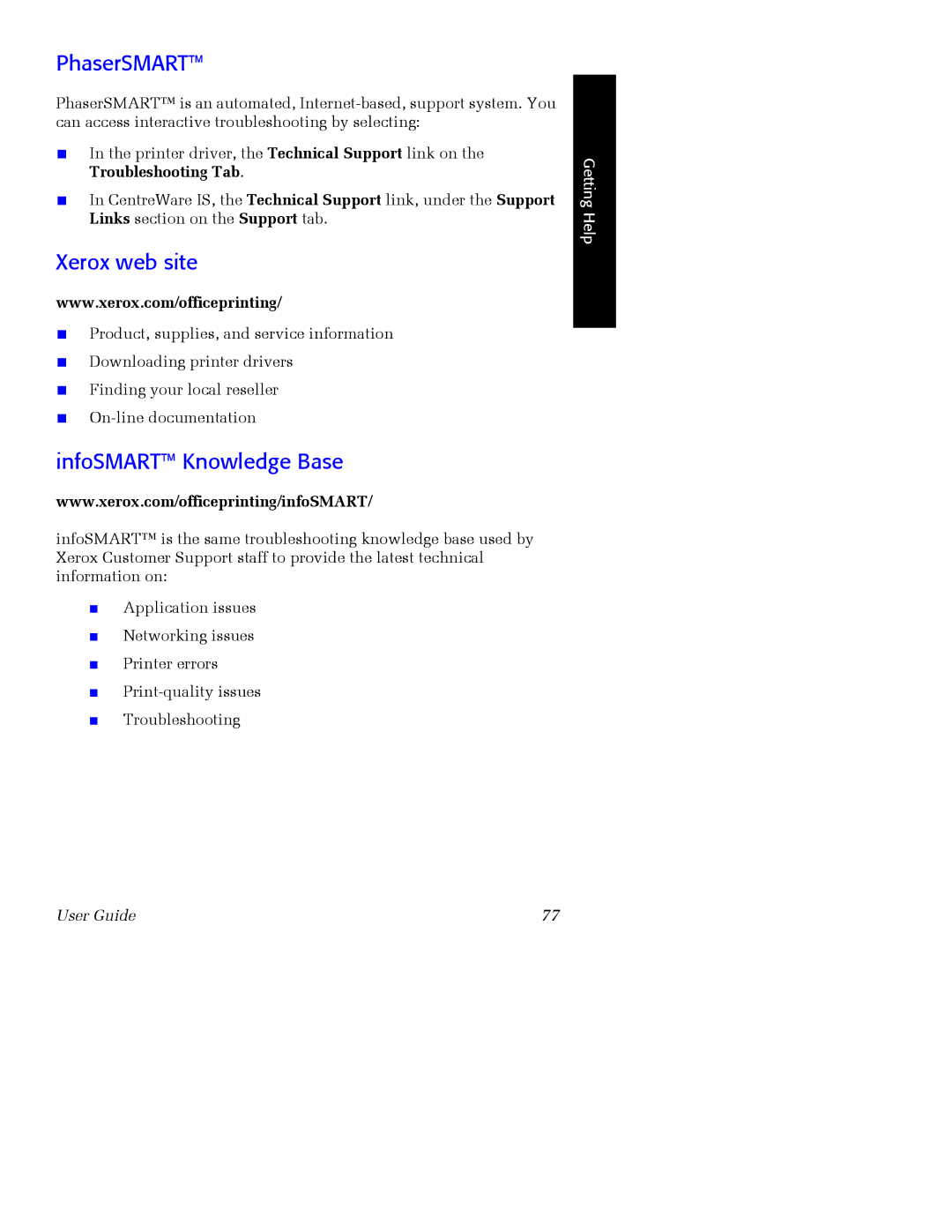 Xerox 7700 manual PhaserSMART, Xerox web site, InfoSMART Knowledge Base 