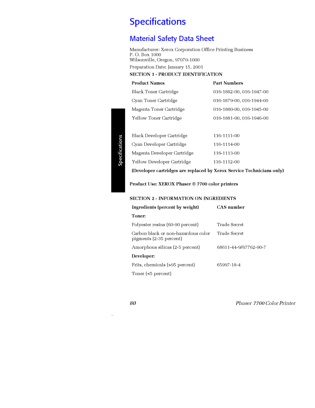 Xerox 7700 manual Specifications, Material Safety Data Sheet 