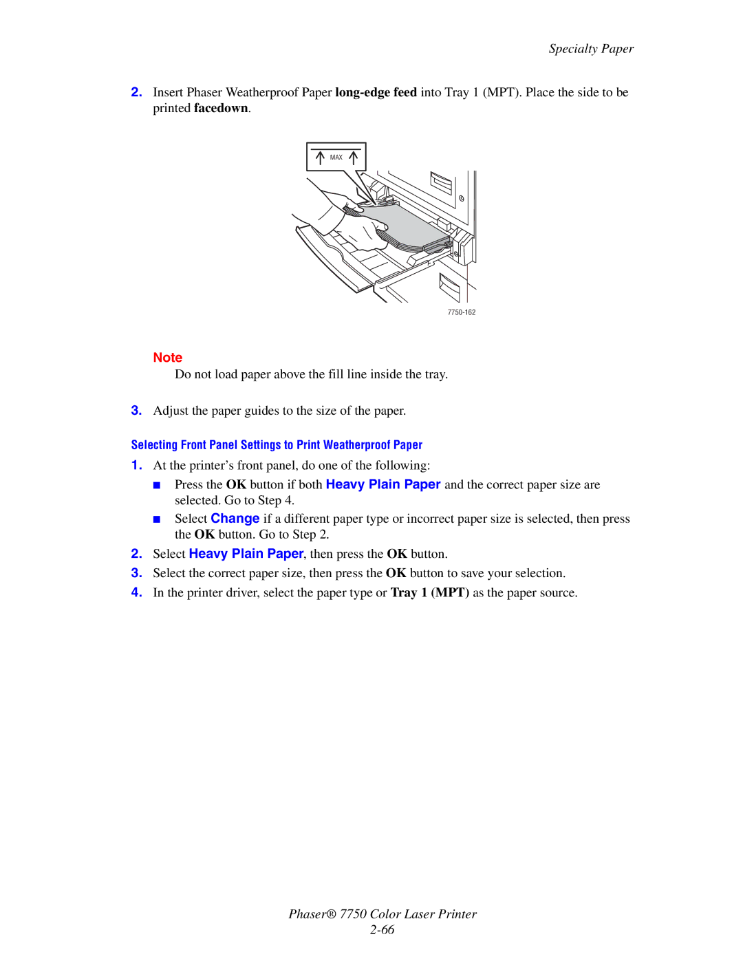 Xerox 7750 manual Selecting Front Panel Settings to Print Weatherproof Paper 