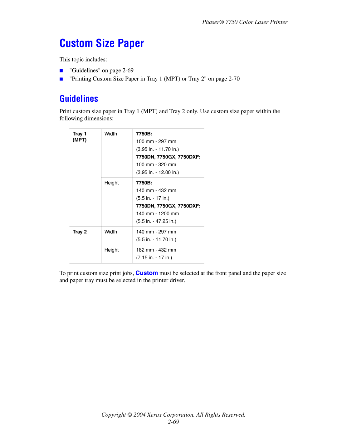 Xerox manual Custom Size Paper, Tray, 7750B, 7750DN, 7750GX, 7750DXF 