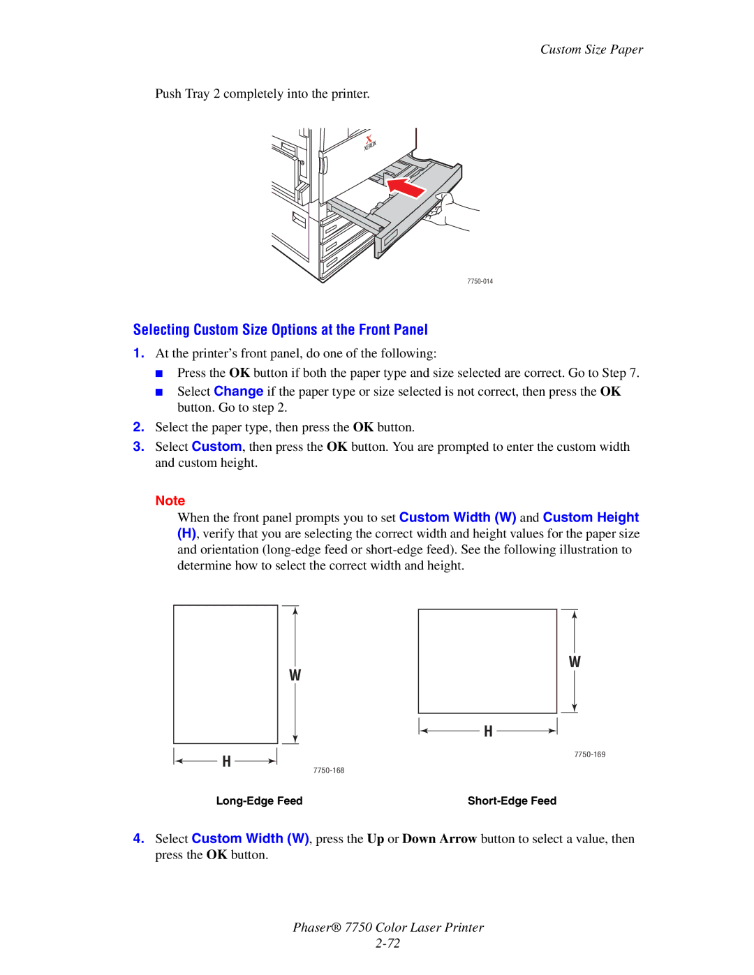 Xerox 7750 manual Selecting Custom Size Options at the Front Panel, Long-Edge Feed 