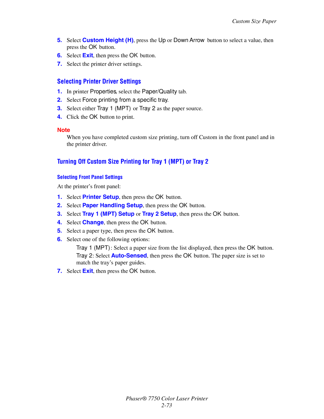 Xerox 7750 manual Selecting Printer Driver Settings, Turning Off Custom Size Printing for Tray 1 MPT or Tray 