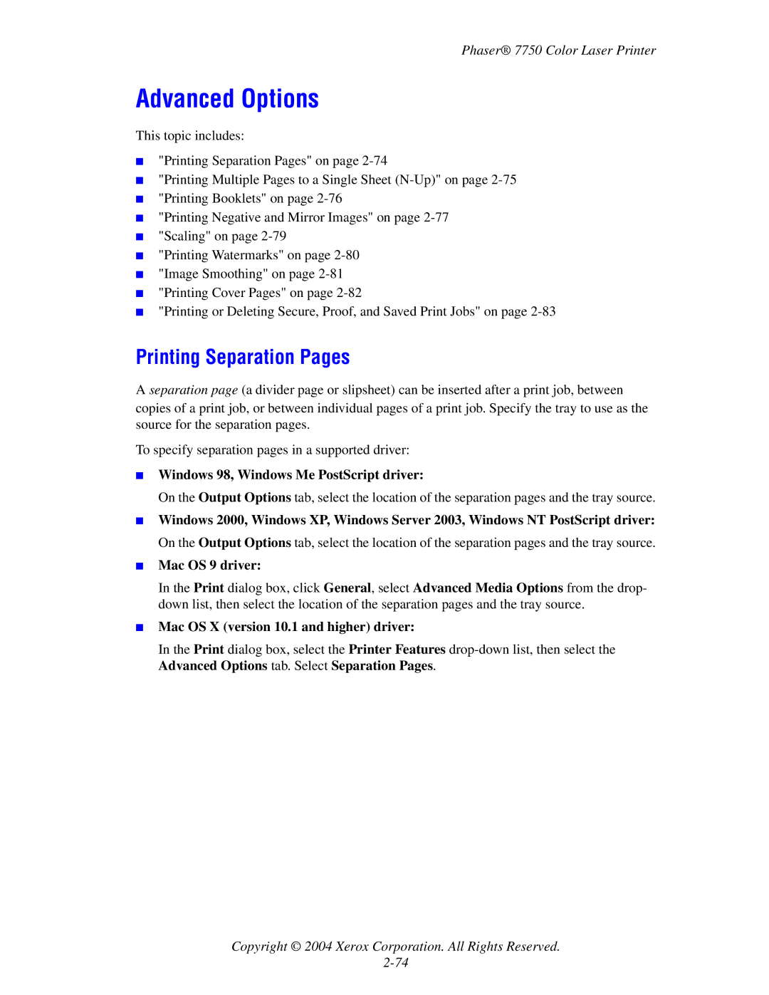 Xerox 7750 manual Advanced Options, Printing Separation Pages 