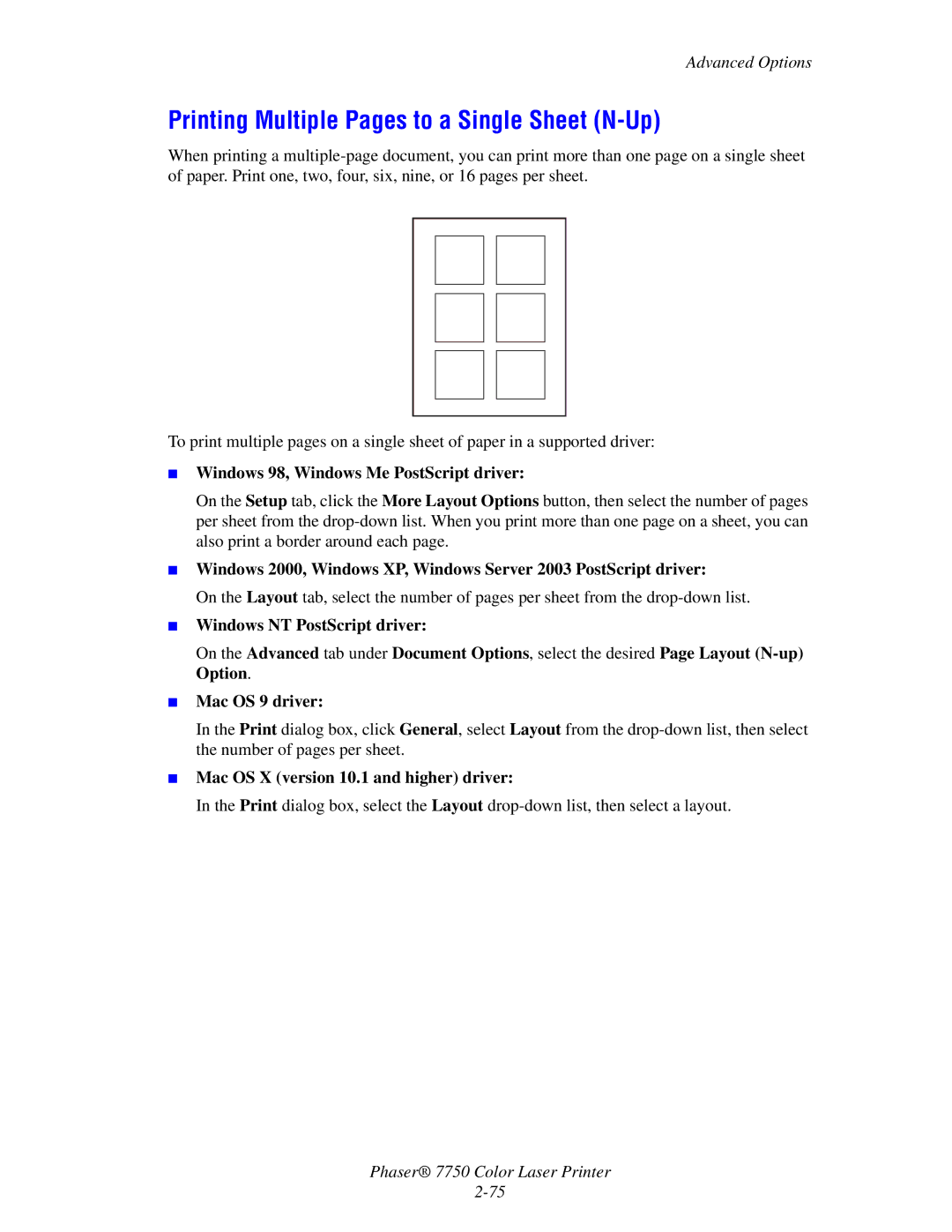 Xerox 7750 manual Printing Multiple Pages to a Single Sheet N-Up, Advanced Options, Windows NT PostScript driver 