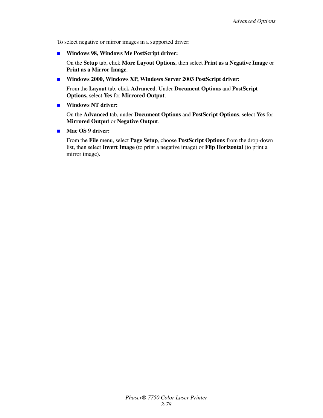 Xerox 7750 manual To select negative or mirror images in a supported driver 
