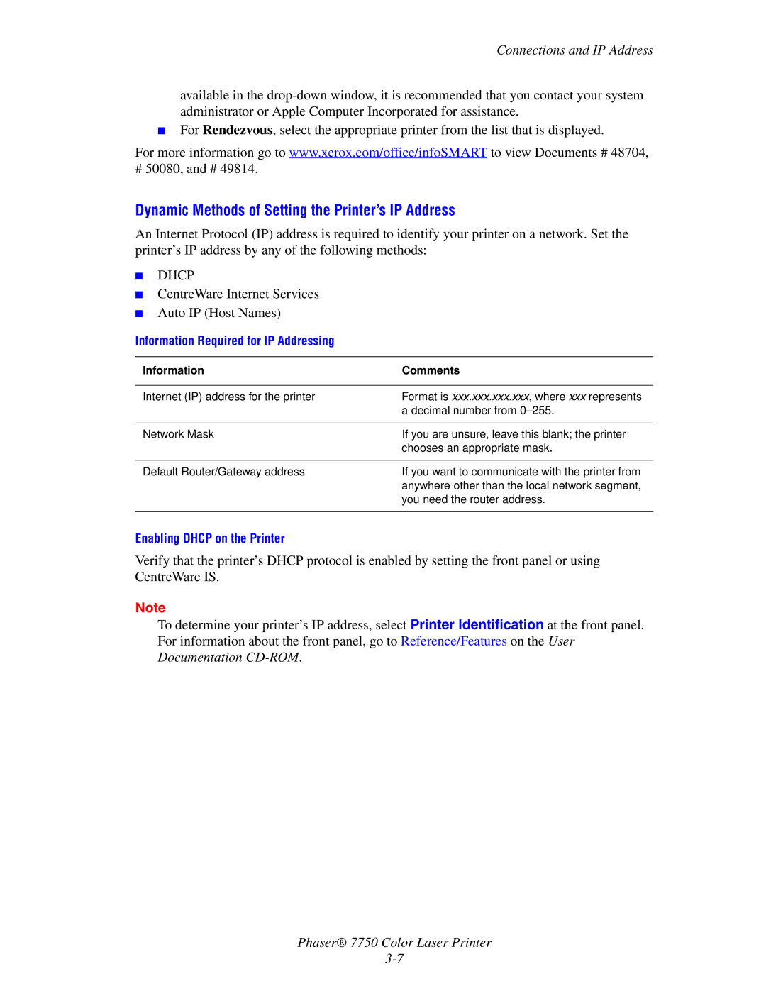 Xerox 7750 manual Dynamic Methods of Setting the Printer’s IP Address, Information Comments 