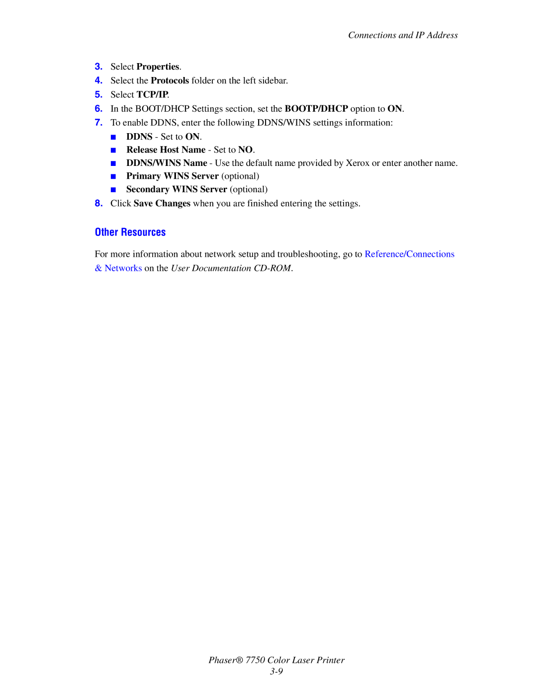 Xerox 7750 manual Other Resources, Release Host Name Set to no, Primary Wins Server optional Secondary Wins Server optional 