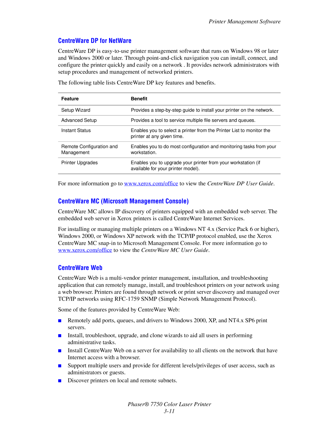 Xerox 7750 manual CentreWare DP for NetWare, CentreWare MC Microsoft Management Console, CentreWare Web, Feature Benefit 