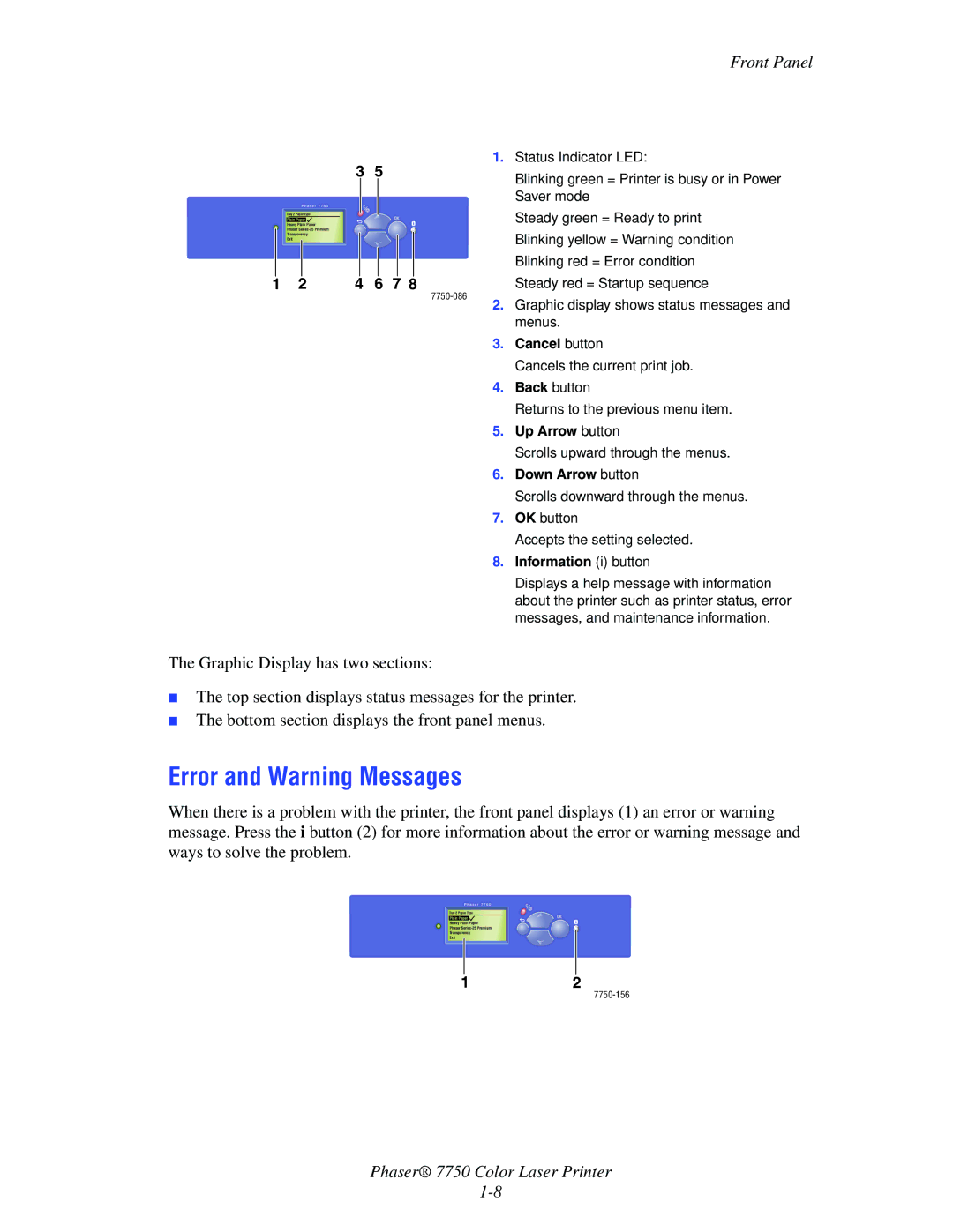 Xerox 7750 manual Error and Warning Messages, Front Panel 