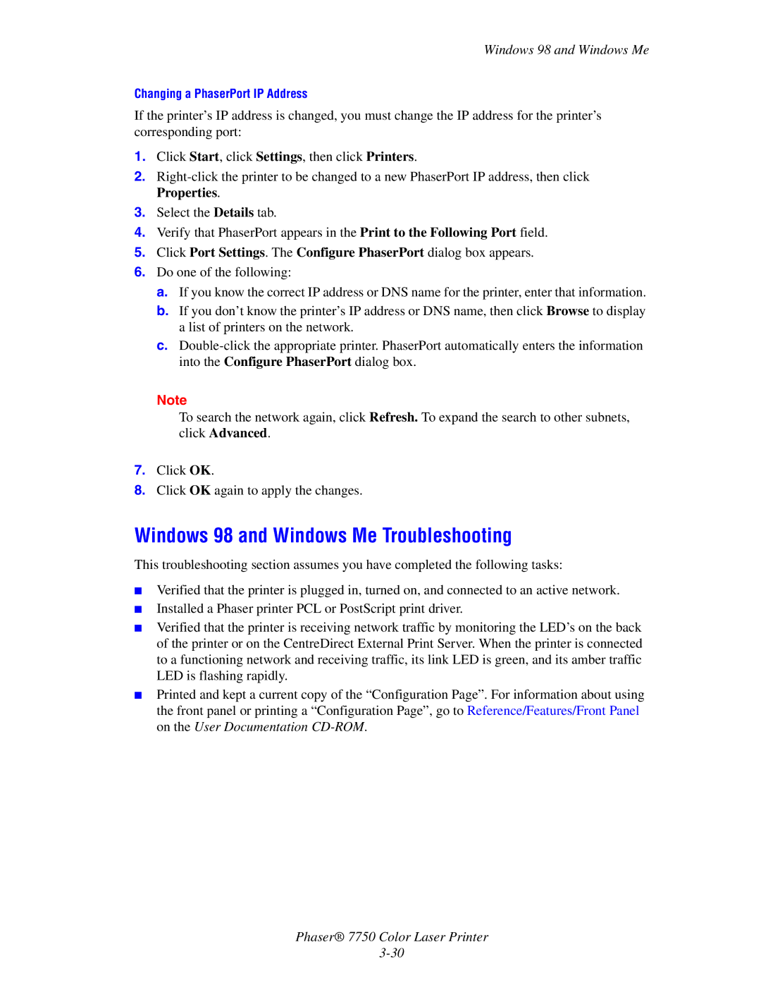 Xerox 7750 manual Windows 98 and Windows Me Troubleshooting 