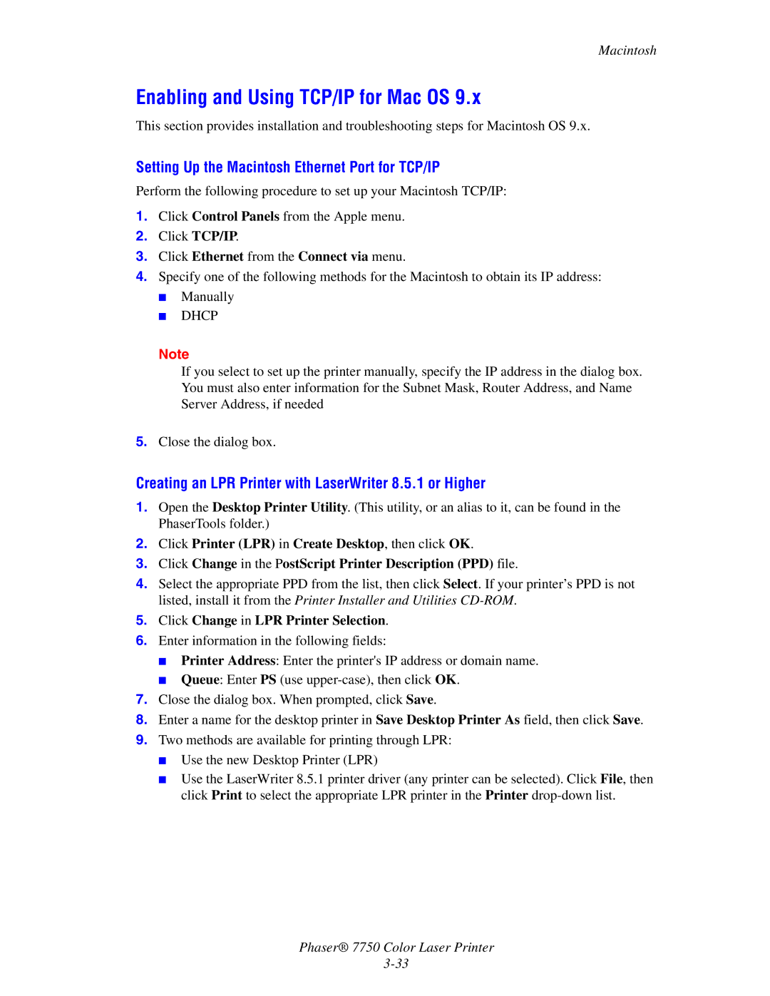 Xerox 7750 manual Enabling and Using TCP/IP for Mac OS, Setting Up the Macintosh Ethernet Port for TCP/IP 