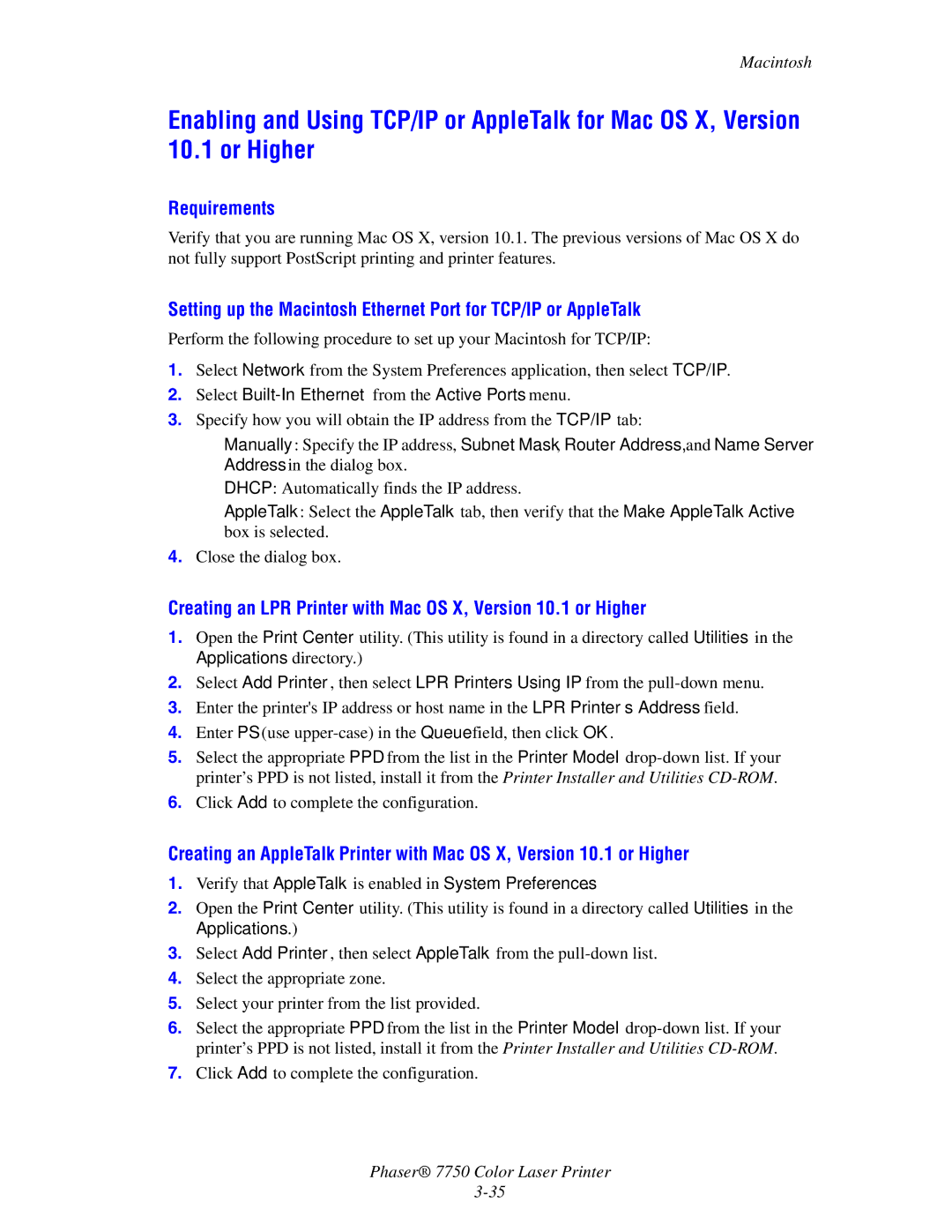 Xerox 7750 manual Requirements, Select Built-In Ethernet from the Active Ports menu 