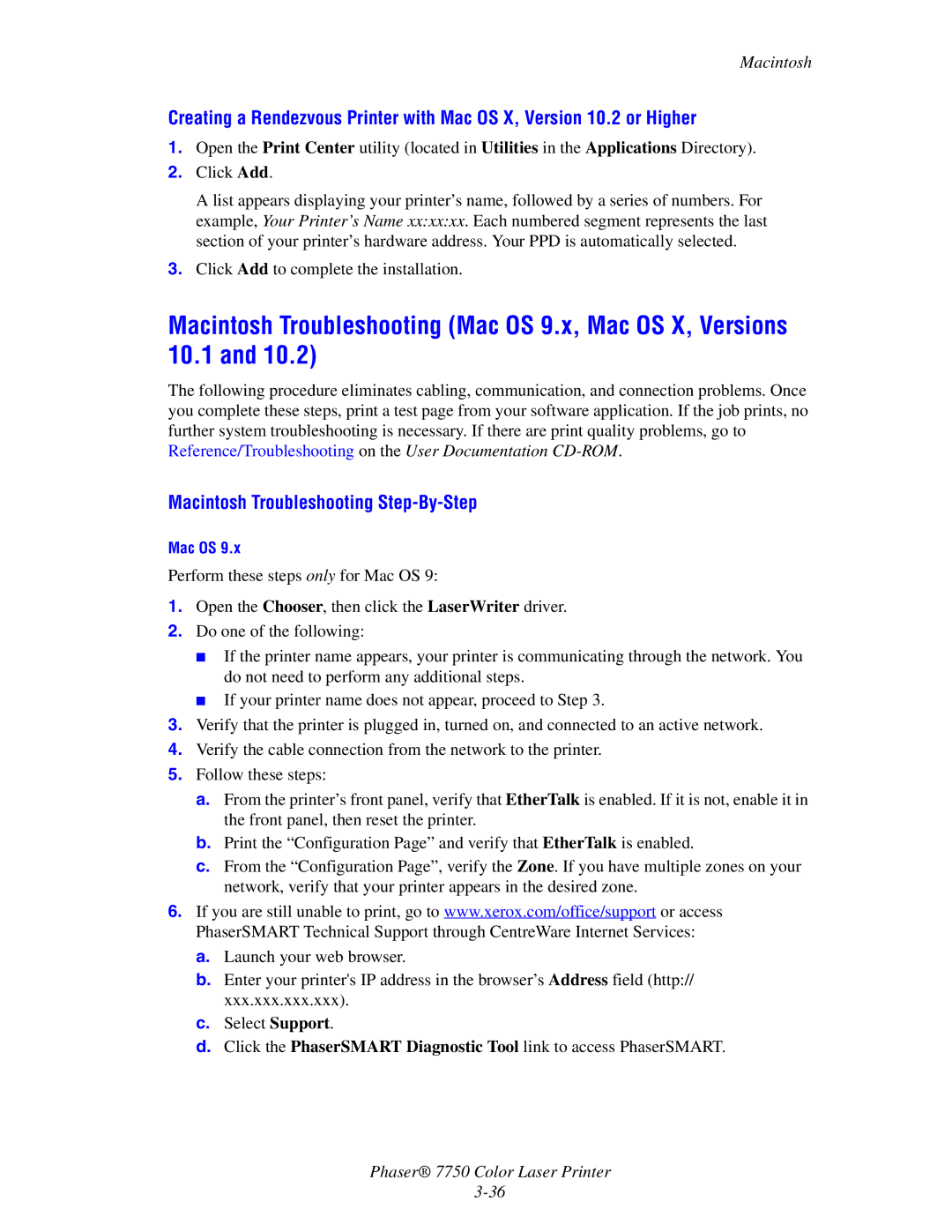 Xerox 7750 manual Macintosh Troubleshooting Step-By-Step 