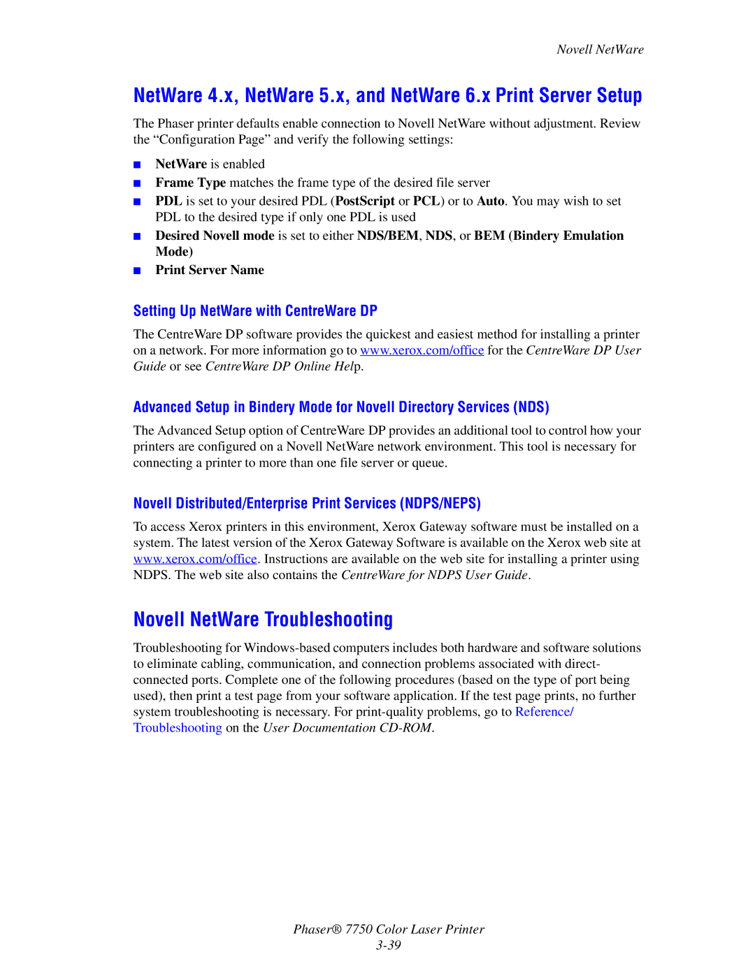 Xerox 7750 manual Novell NetWare Troubleshooting, Novell Distributed/Enterprise Print Services NDPS/NEPS 