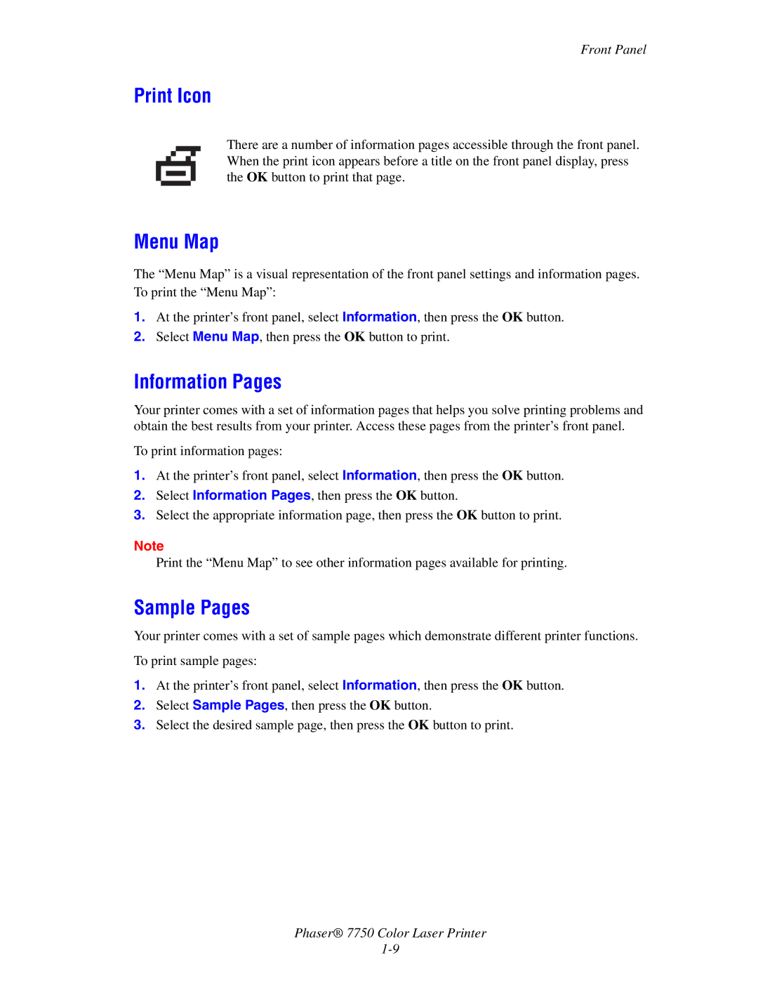 Xerox 7750 manual Print Icon, Menu Map, Information Pages, Sample Pages 