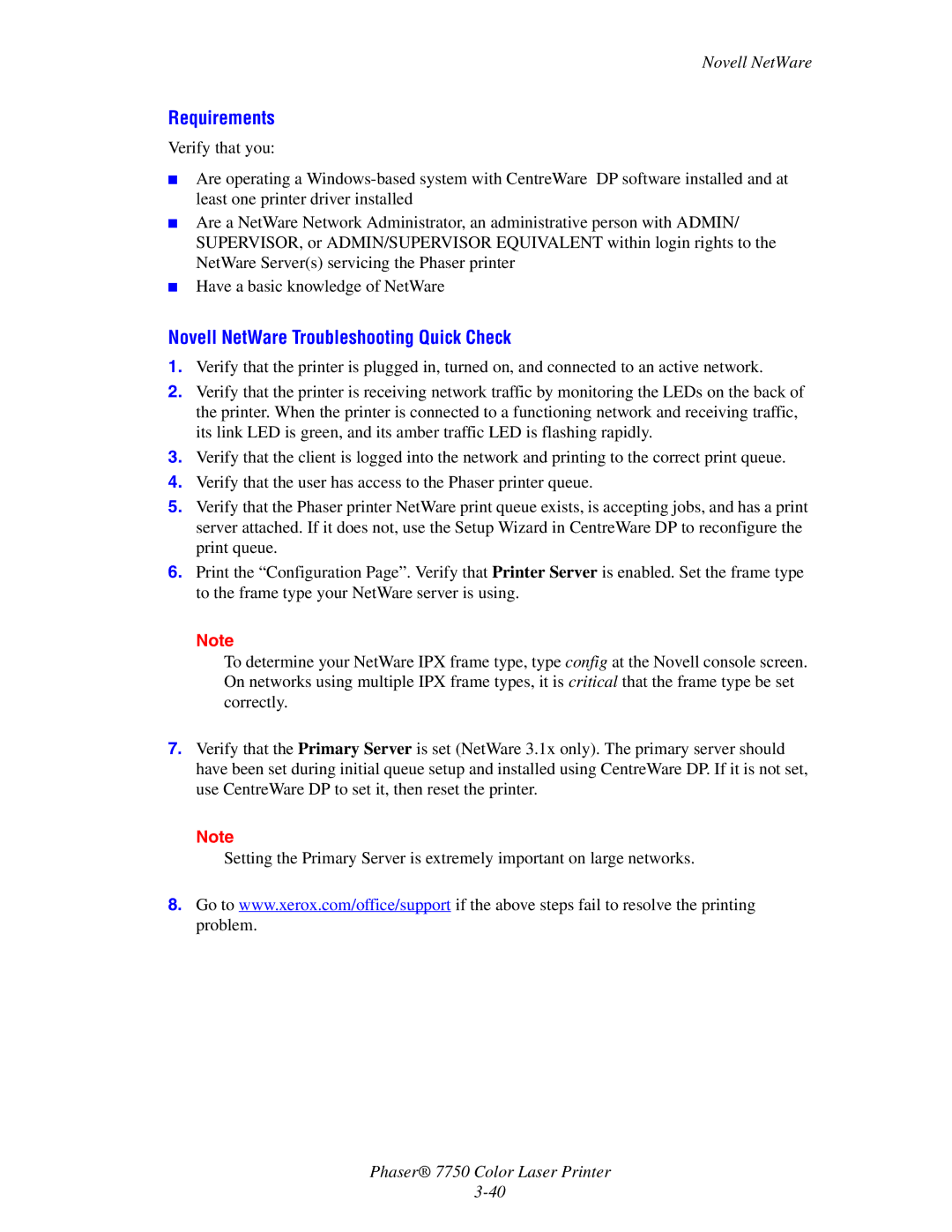 Xerox 7750 manual Requirements, Novell NetWare Troubleshooting Quick Check 