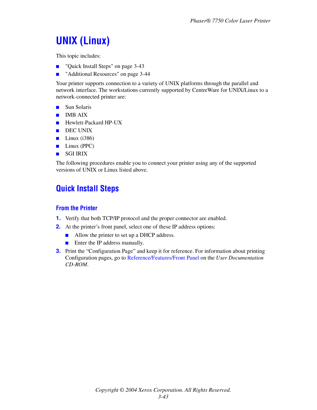 Xerox 7750 manual Unix Linux, Quick Install Steps, From the Printer 