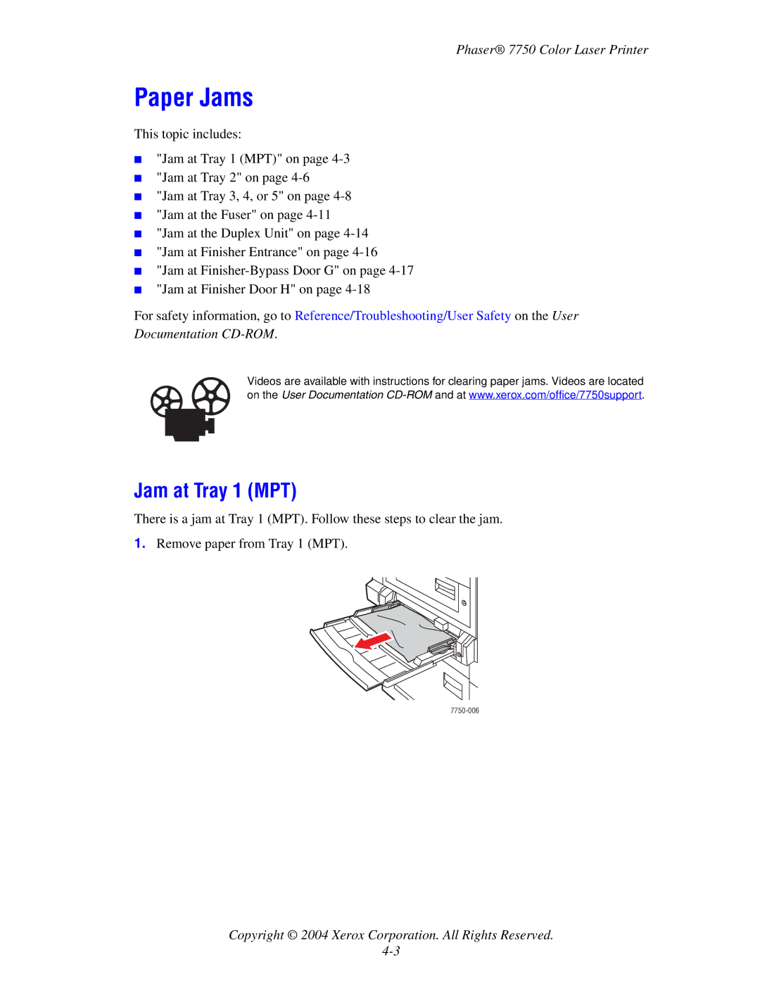 Xerox 7750 manual Paper Jams, Jam at Tray 1 MPT 