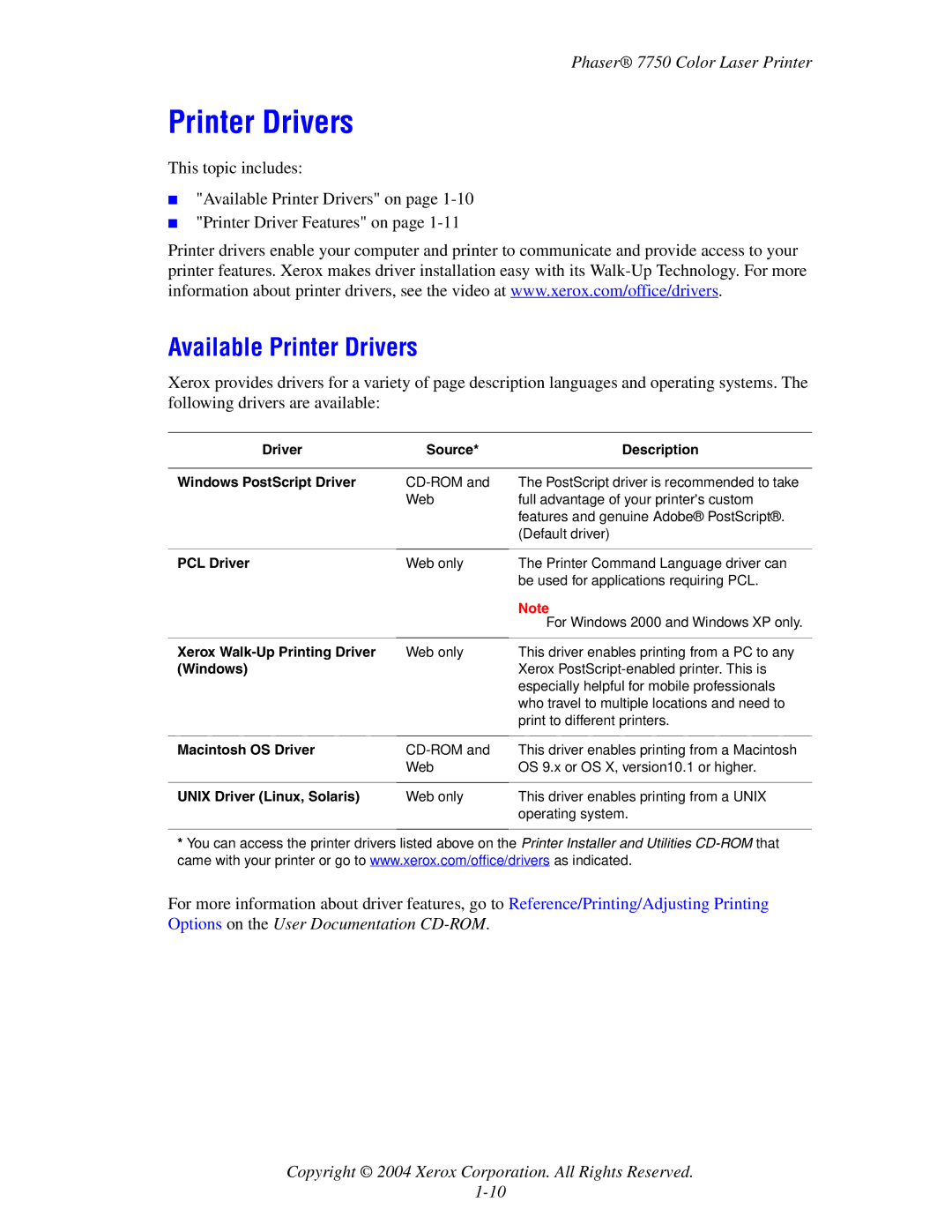 Xerox 7750 manual Available Printer Drivers 