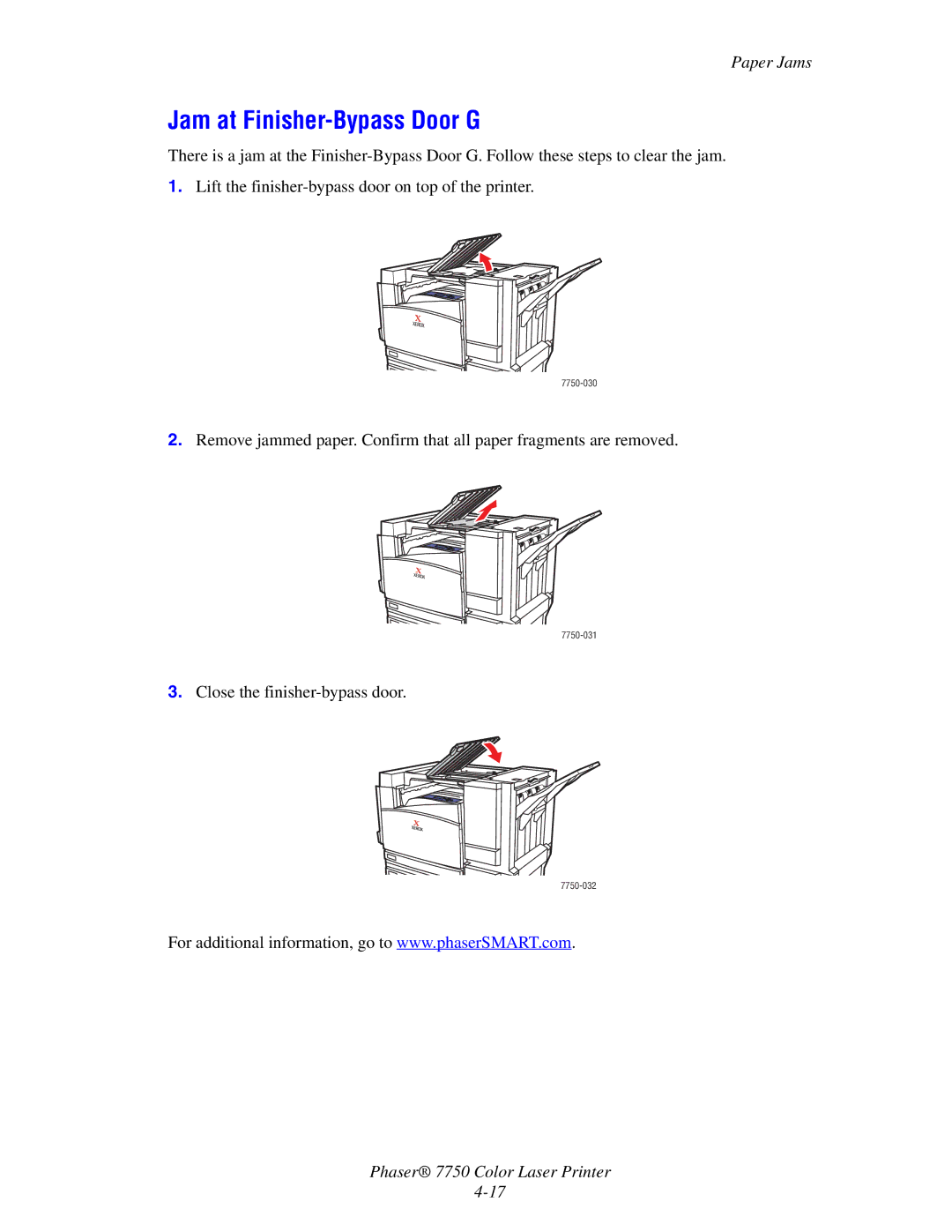 Xerox 7750 manual Jam at Finisher-Bypass Door G 