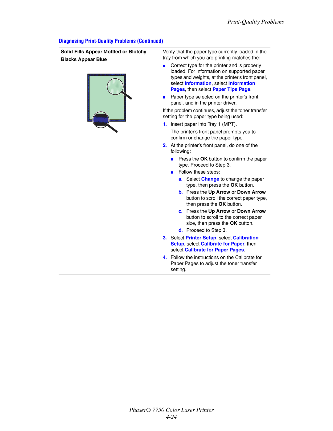 Xerox 7750 manual Solid Fills Appear Mottled or Blotchy Blacks Appear Blue 