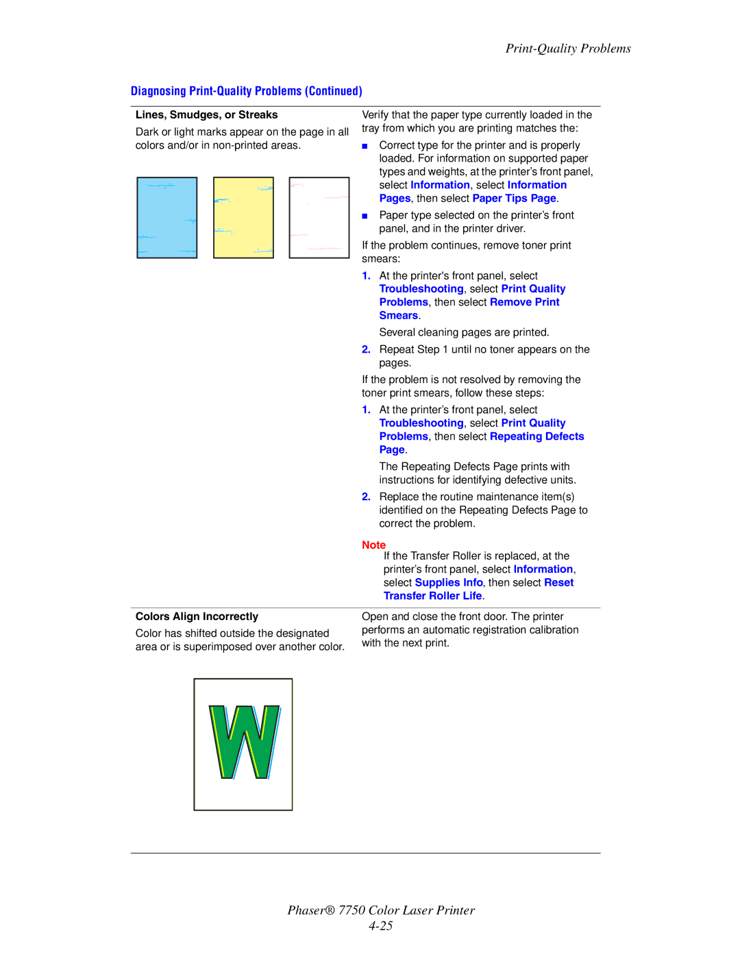 Xerox 7750 manual Lines, Smudges, or Streaks, Colors Align Incorrectly 