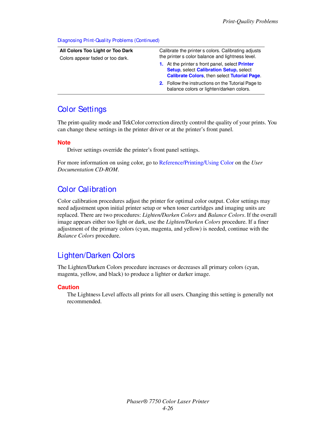 Xerox 7750 manual Color Settings, Lighten/Darken Colors, All Colors Too Light or Too Dark 