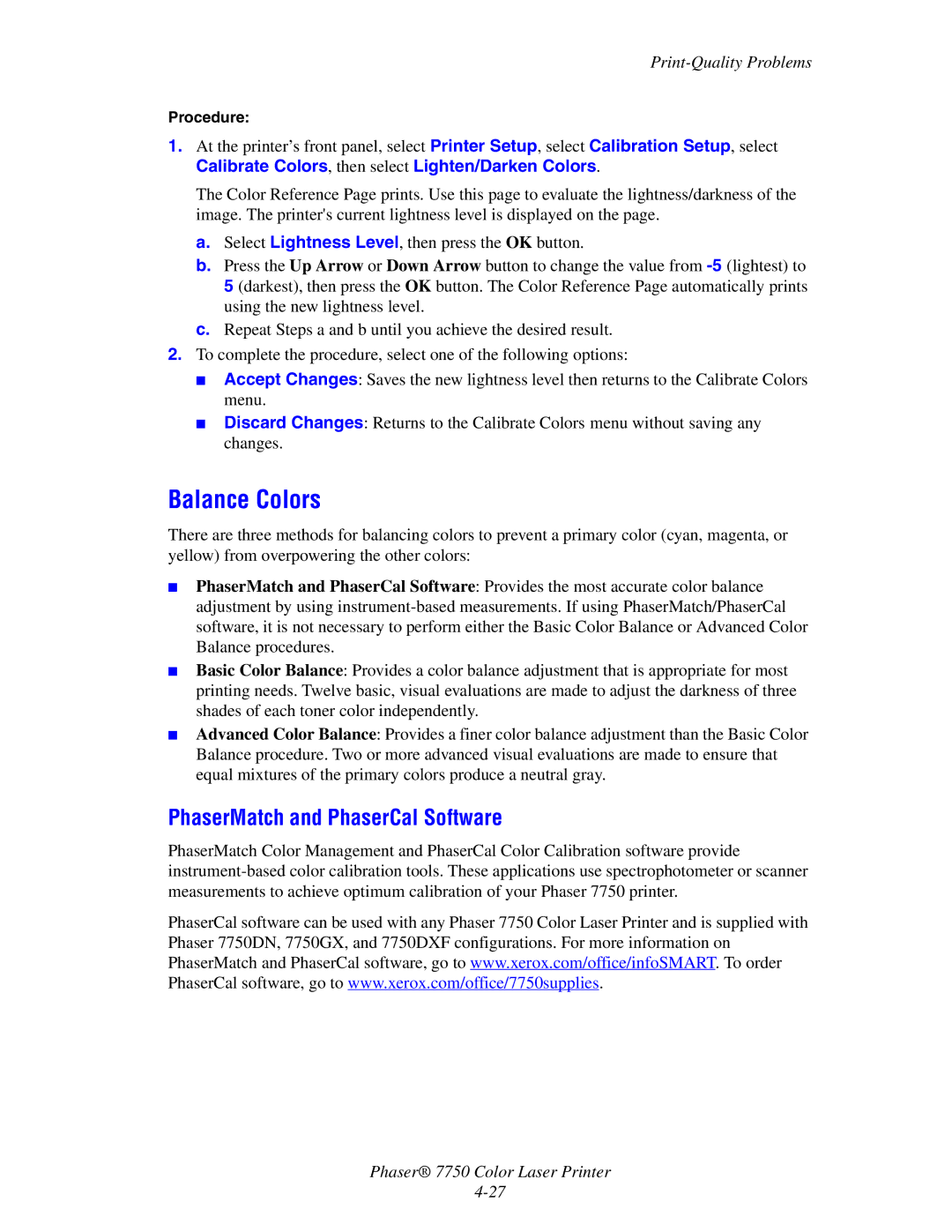 Xerox 7750 manual Balance Colors, Calibrate Colors, then select Lighten/Darken Colors 