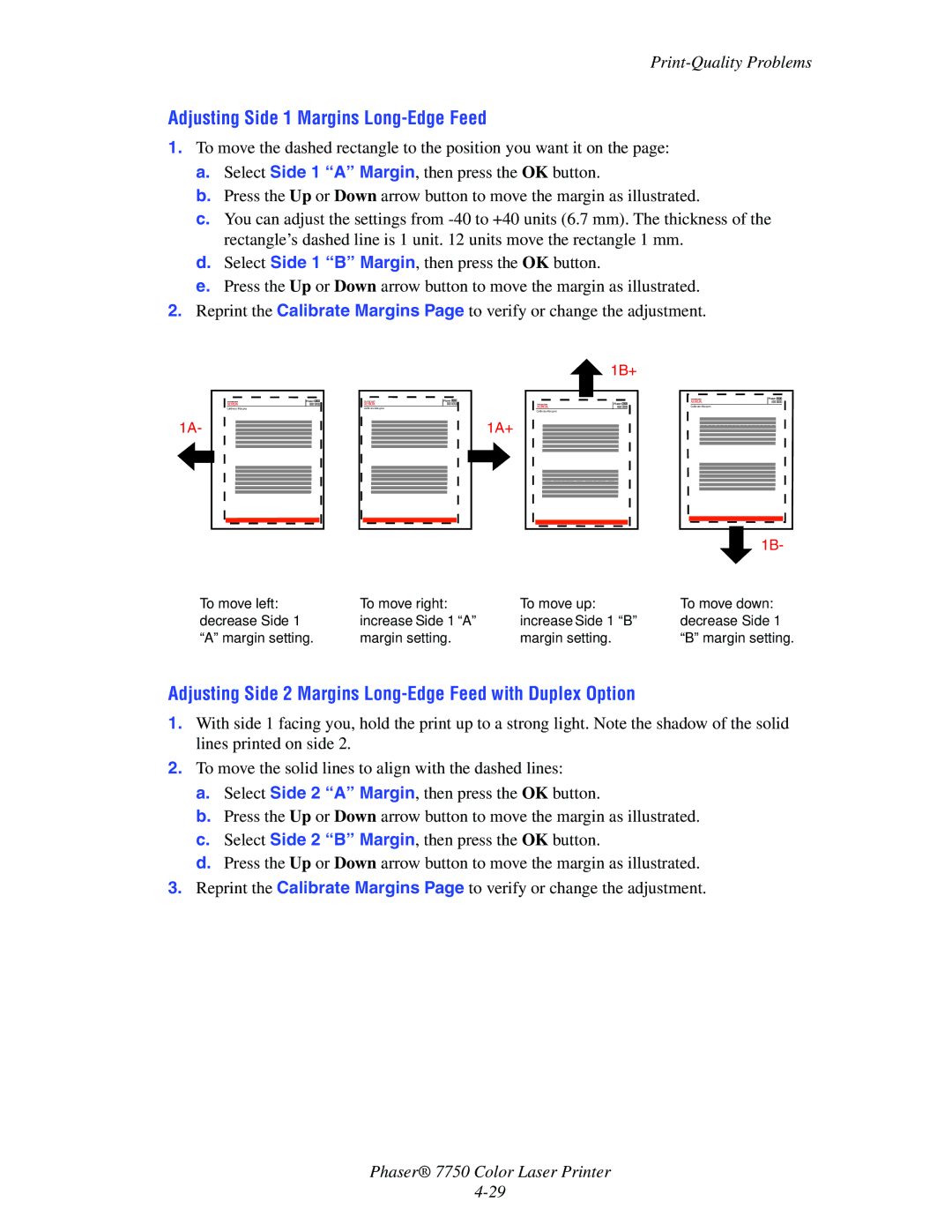 Xerox 7750 manual Adjusting Side 1 Margins Long-Edge Feed, Adjusting Side 2 Margins Long-Edge Feed with Duplex Option 