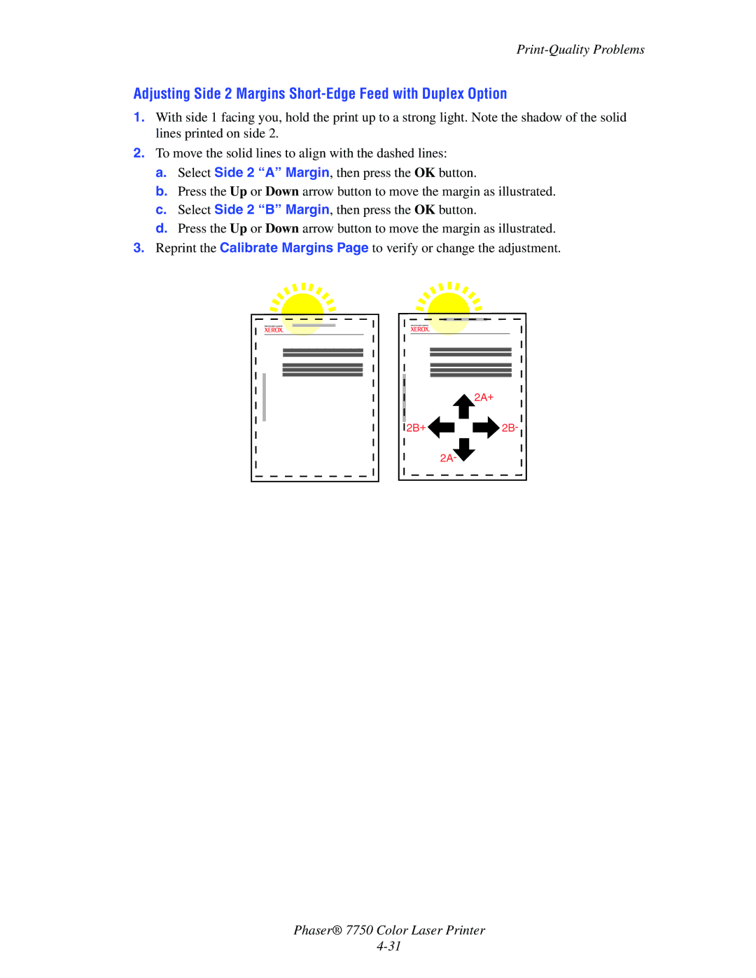 Xerox 7750 manual Adjusting Side 2 Margins Short-Edge Feed with Duplex Option 