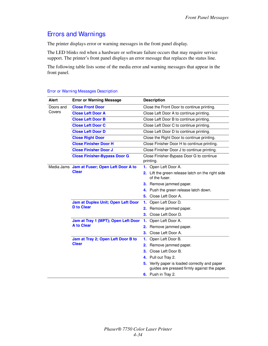 Xerox 7750 manual Errors and Warnings, Front Panel Messages 