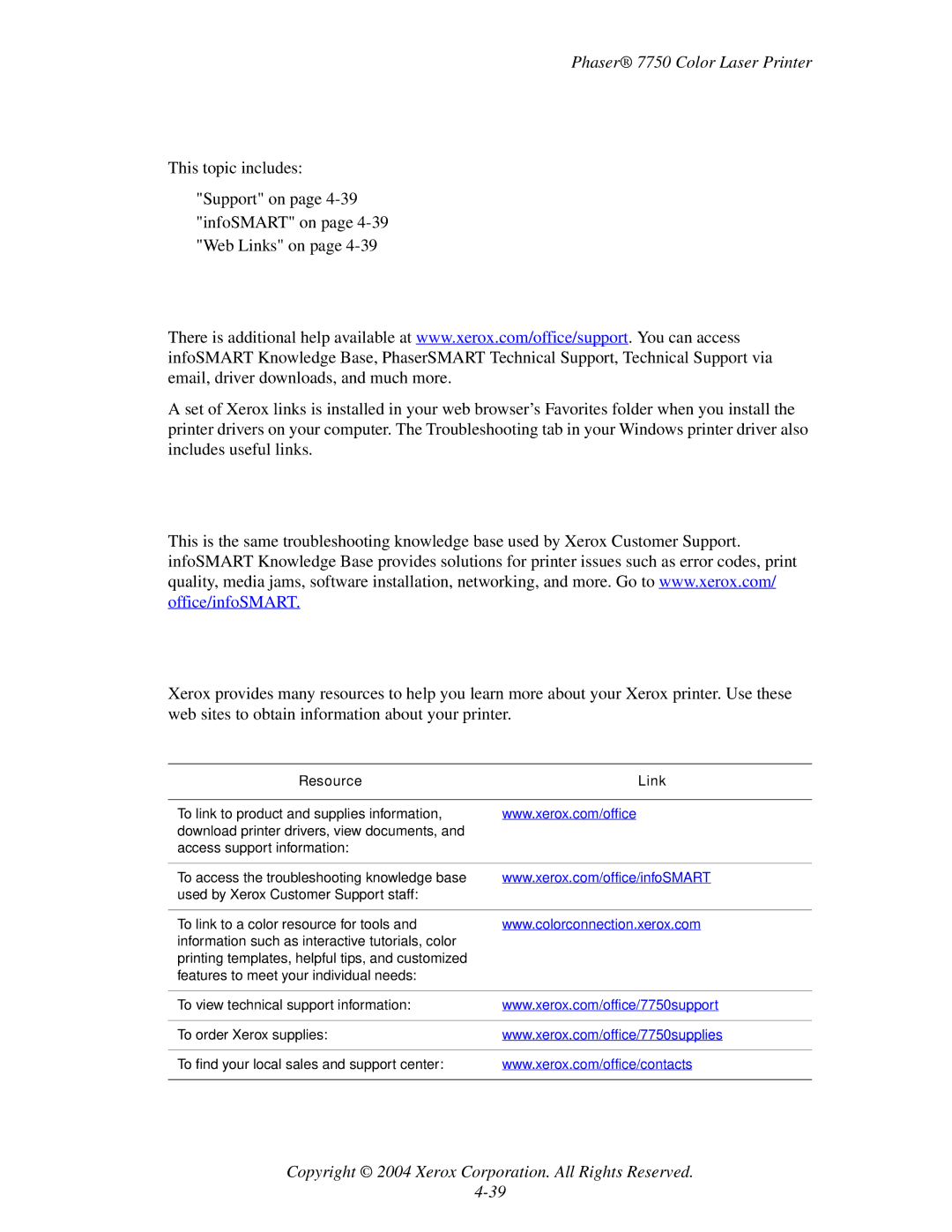 Xerox 7750 manual Additional Resources, Support, InfoSMART Web Links, Resource Link 