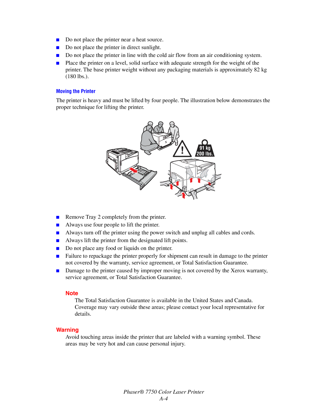 Xerox 7750 manual Moving the Printer 