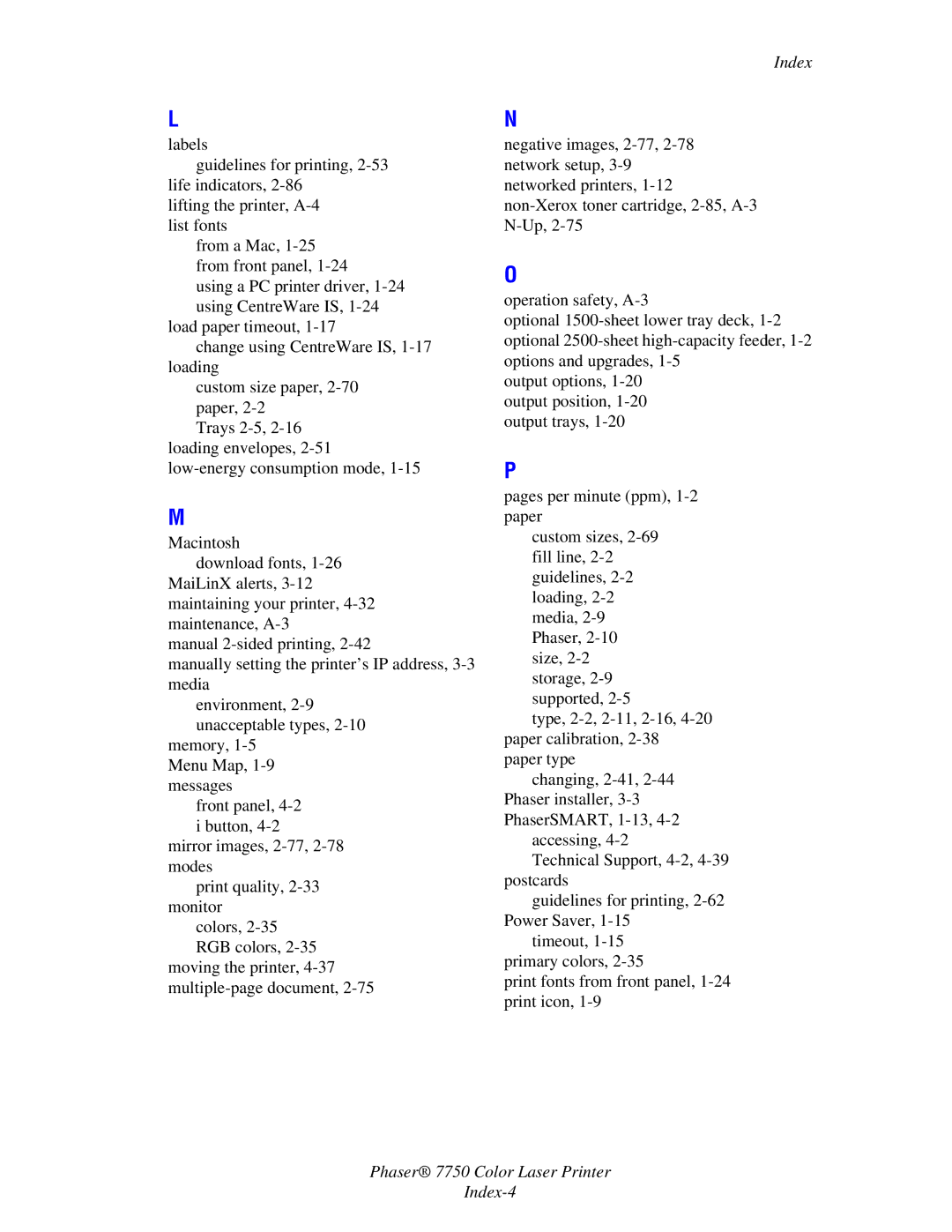 Xerox manual Phaser 7750 Color Laser Printer Index-4 