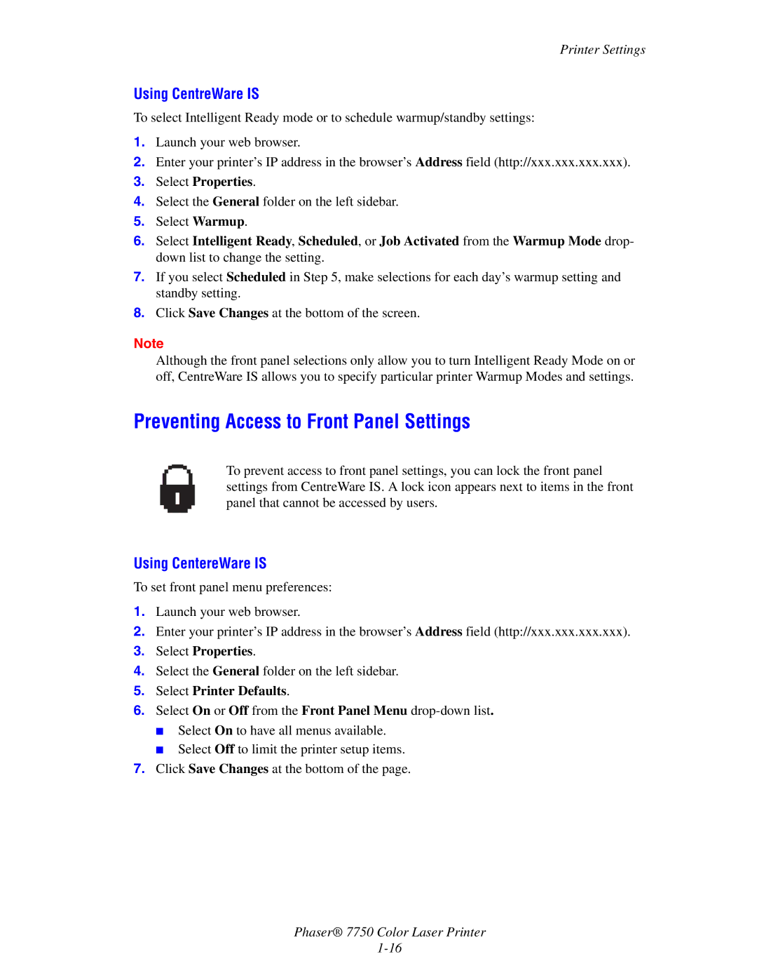 Xerox 7750 manual Preventing Access to Front Panel Settings, Using CentereWare is 