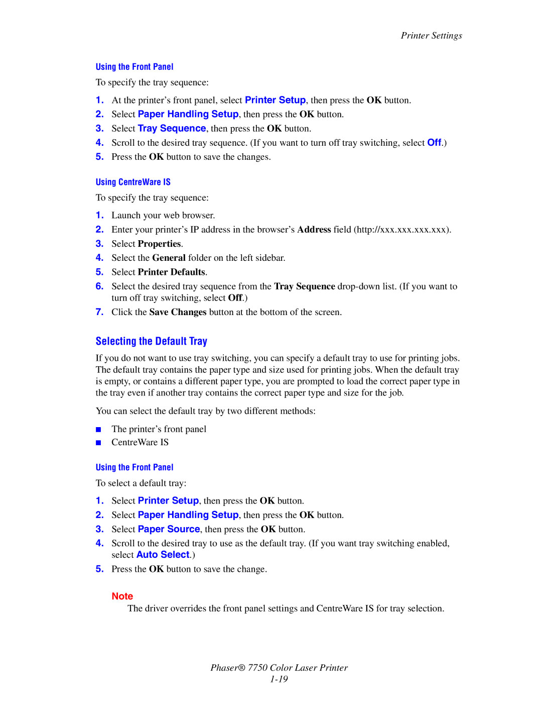 Xerox 7750 manual Selecting the Default Tray 