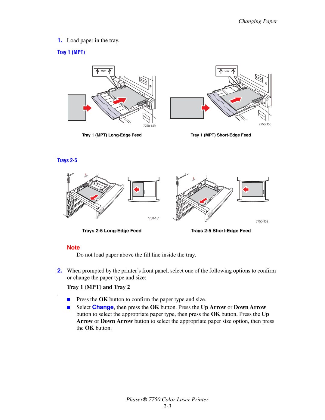 Xerox 7750 manual Changing Paper, Tray 1 MPT and Tray, Trays 2-5 Long-Edge Feed Trays 2-5 Short-Edge Feed 