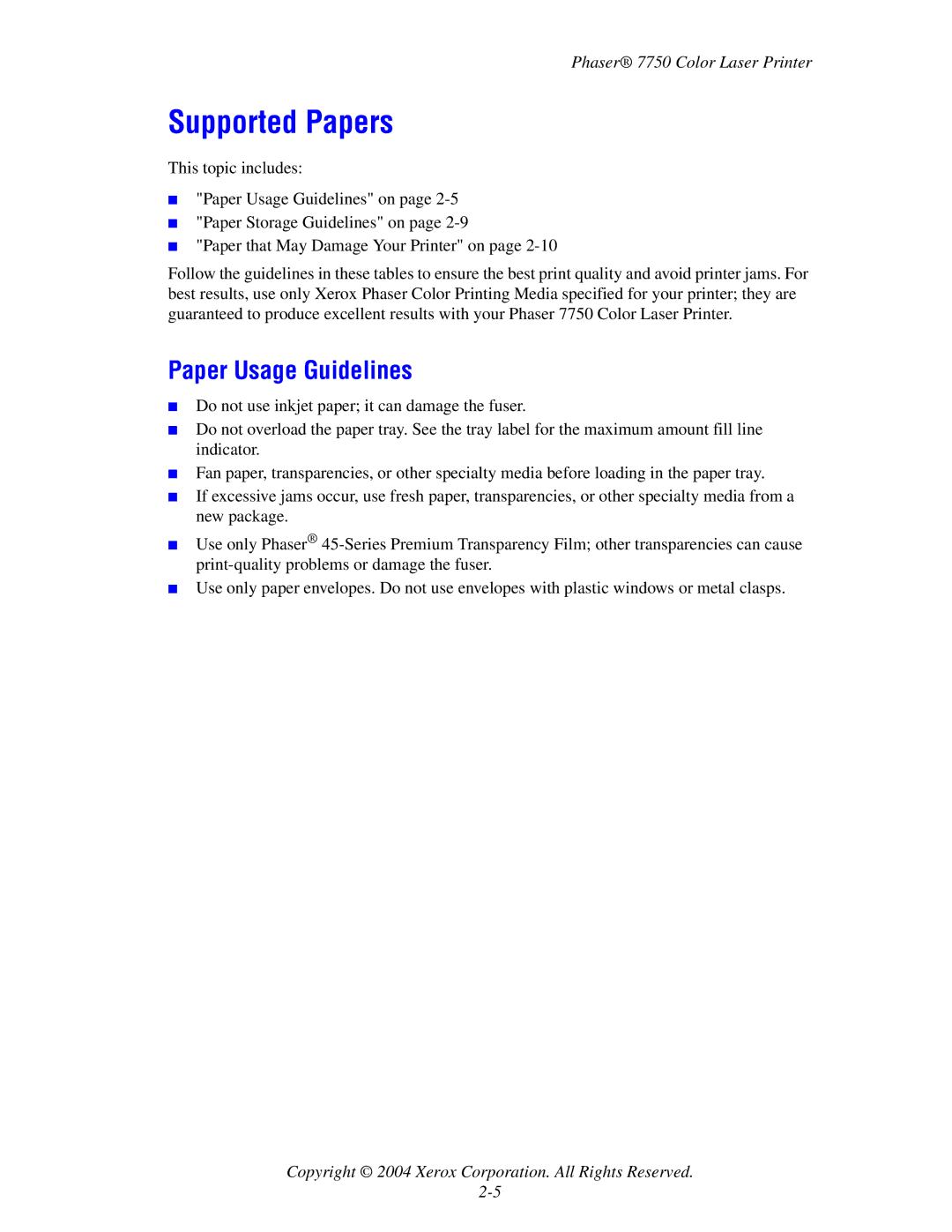 Xerox 7750 manual Supported Papers, Paper Usage Guidelines 