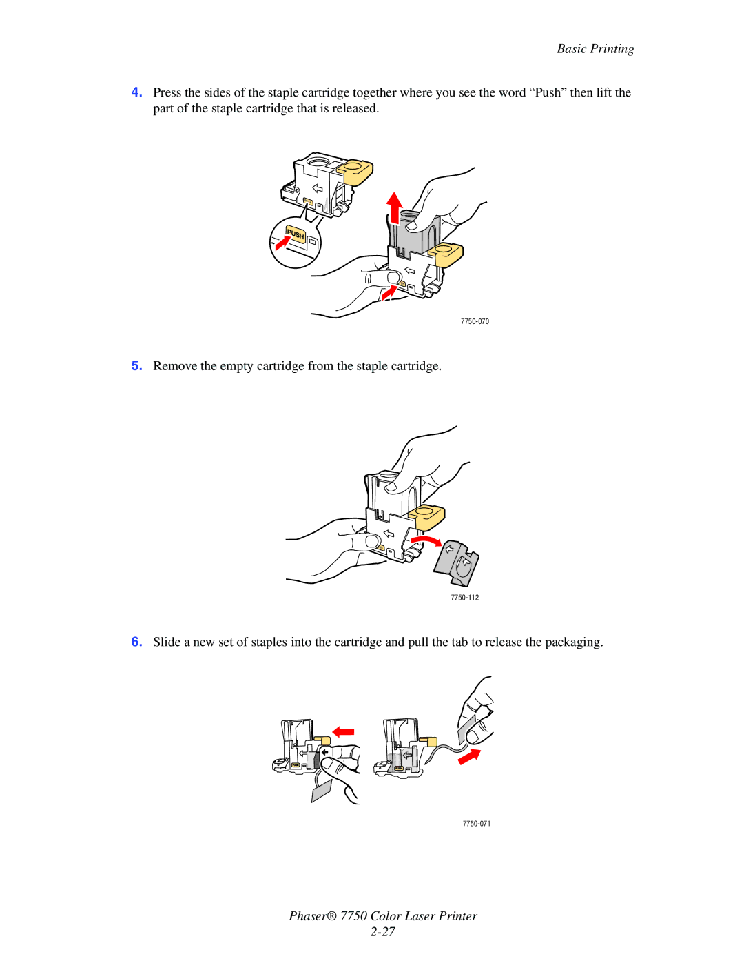 Xerox 7750 manual Remove the empty cartridge from the staple cartridge 