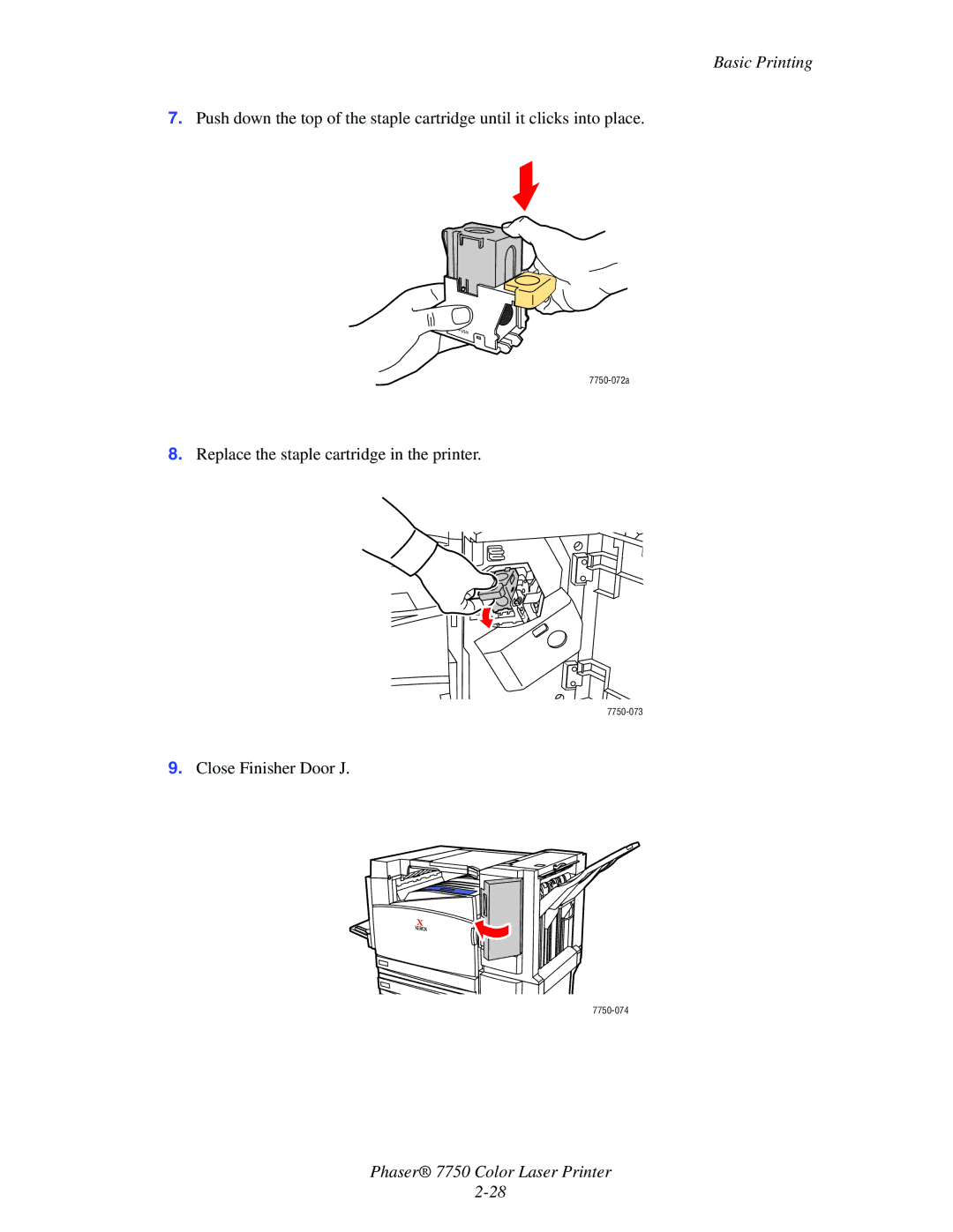 Xerox 7750 manual Replace the staple cartridge in the printer 