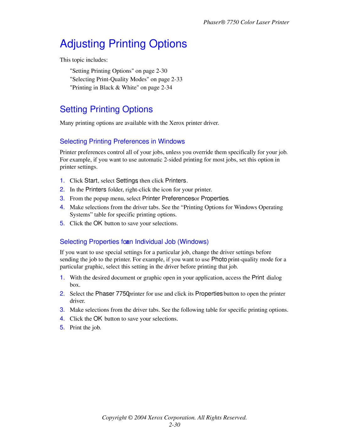 Xerox 7750 manual Adjusting Printing Options, Setting Printing Options, Selecting Printing Preferences in Windows 
