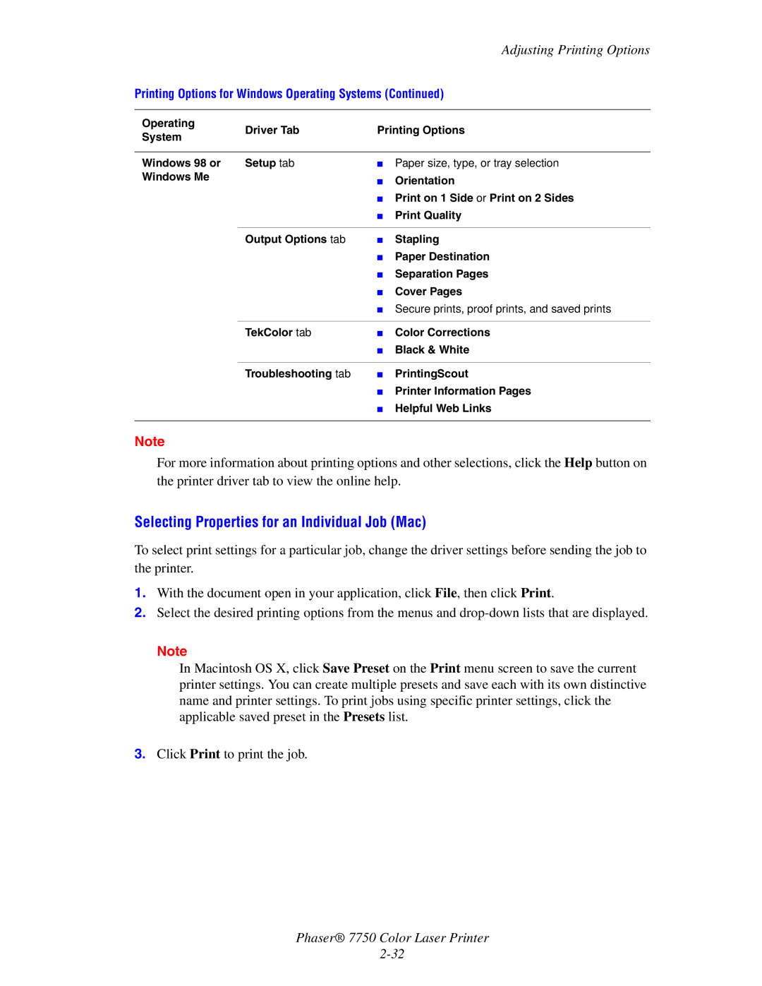 Xerox 7750 manual Selecting Properties for an Individual Job Mac 