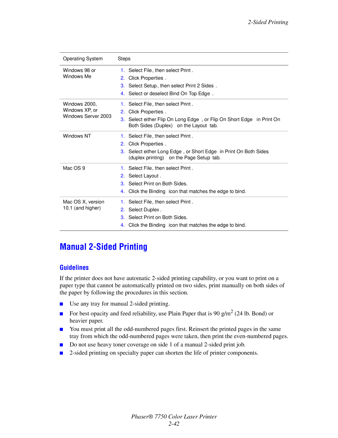 Xerox 7750 manual Manual 2-Sided Printing 