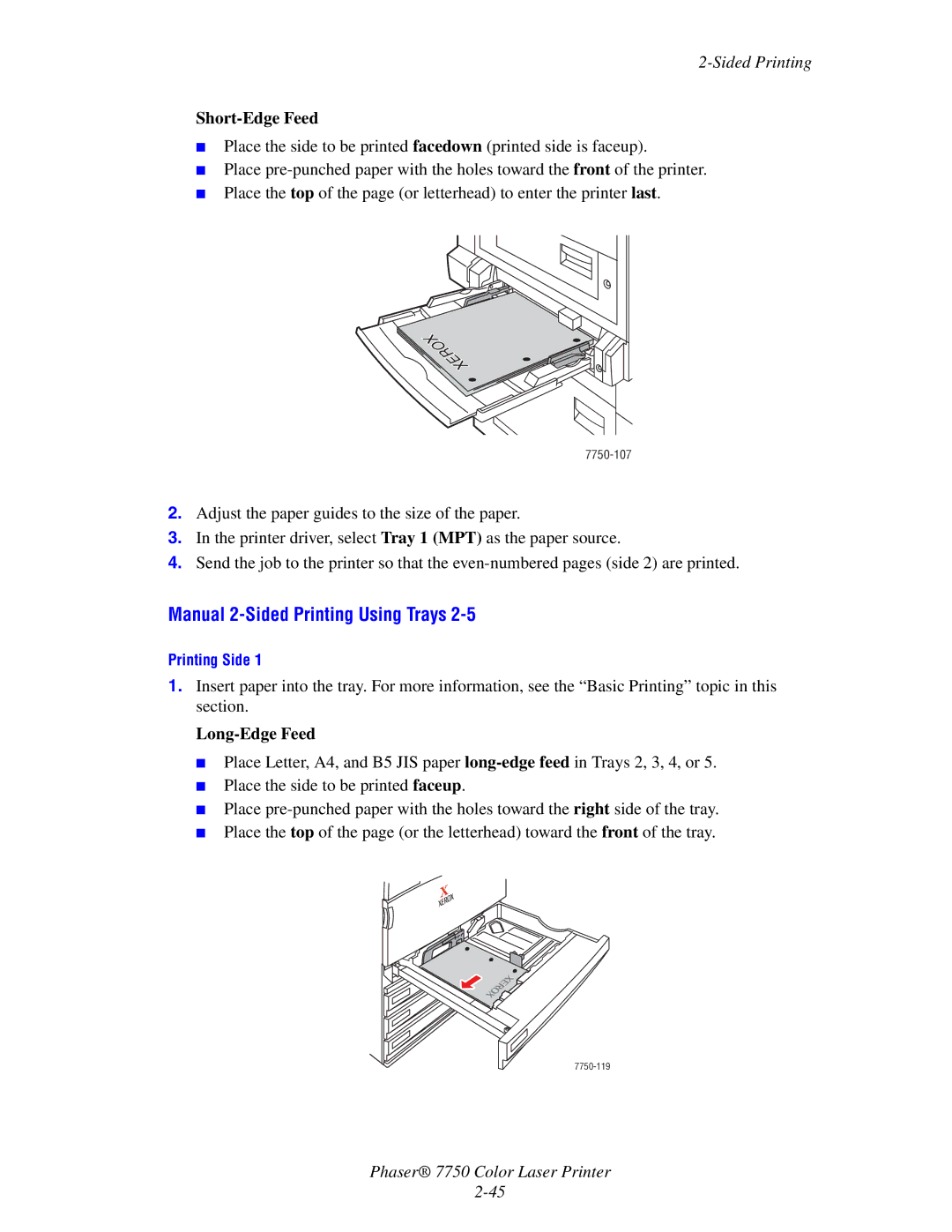 Xerox 7750 manual Manual 2-Sided Printing Using Trays 