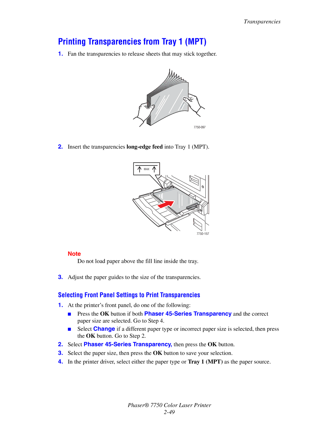 Xerox 7750 manual Printing Transparencies from Tray 1 MPT, Selecting Front Panel Settings to Print Transparencies 