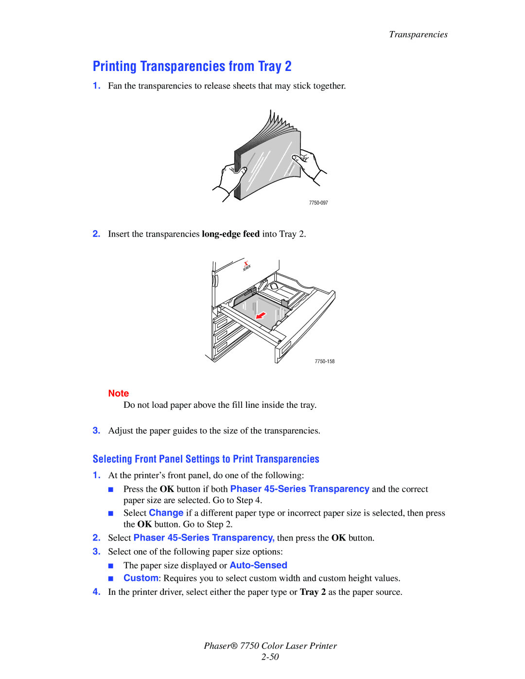 Xerox 7750 manual Printing Transparencies from Tray 