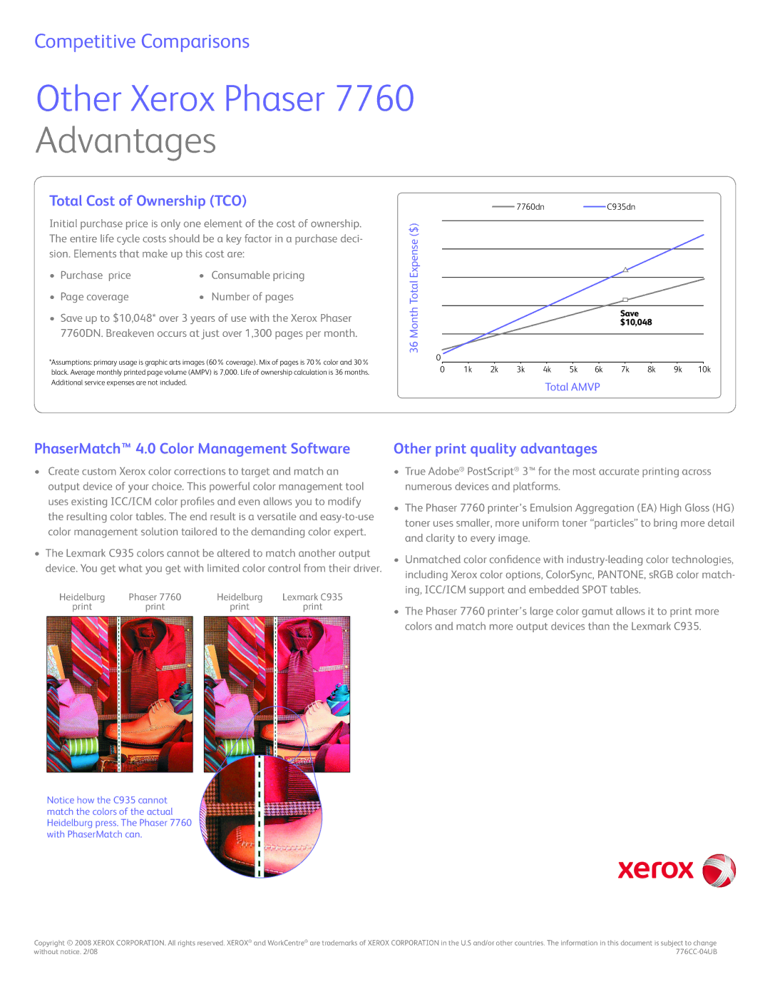 Xerox 7760, C935 Total Cost of Ownership TCO, PhaserMatch 4.0 Color Management Software, Other print quality advantages 