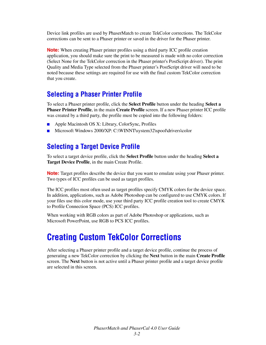 Xerox 7760 Creating Custom TekColor Corrections, Selecting a Phaser Printer Profile, Selecting a Target Device Profile 