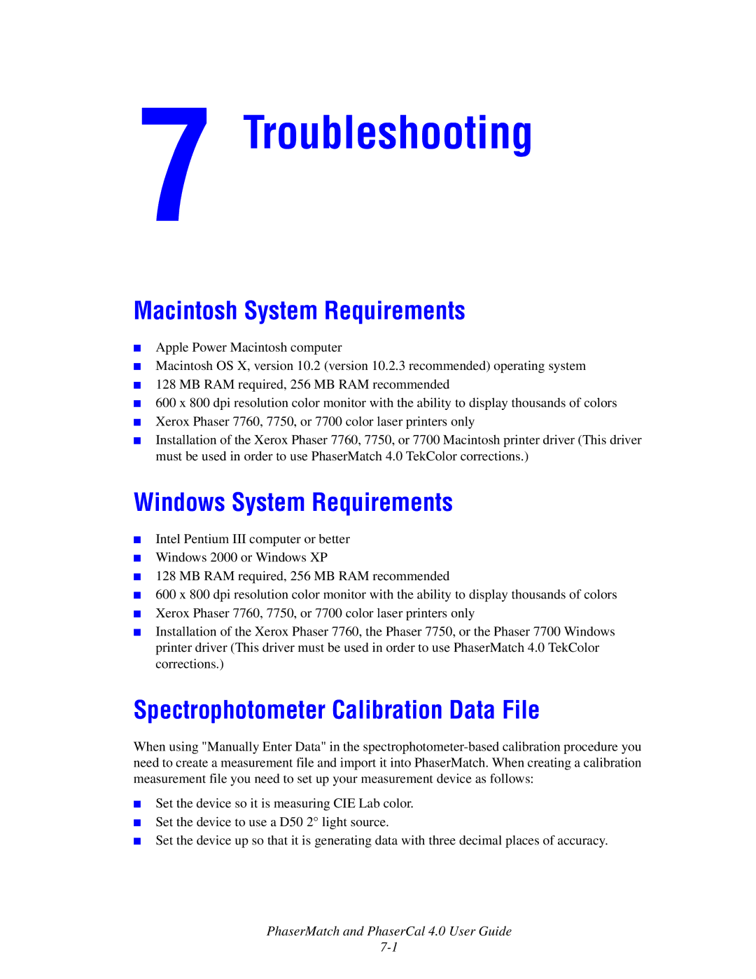 Xerox 7760 manual Troubleshooting, Macintosh System Requirements, Windows System Requirements 