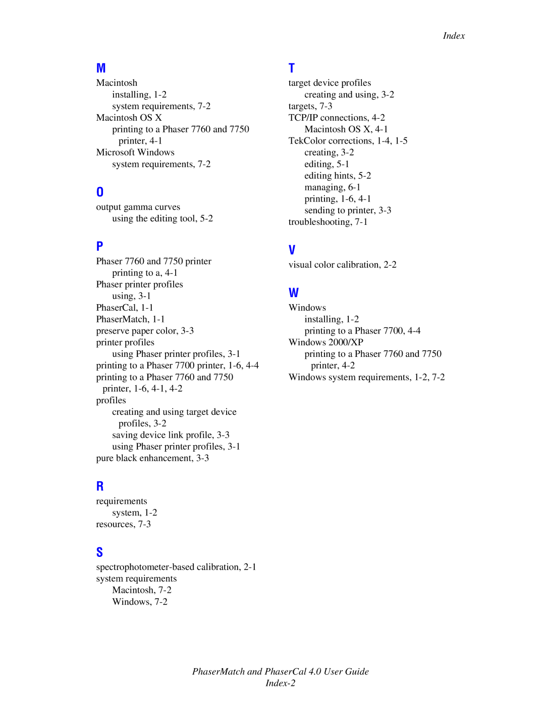 Xerox 7760 manual PhaserMatch and PhaserCal 4.0 User Guide Index-2 